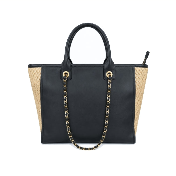 Enrico Coveri - Borsa A Mano Effetto Paglia Intrecciato con Catena Oro | Shopper Elegante