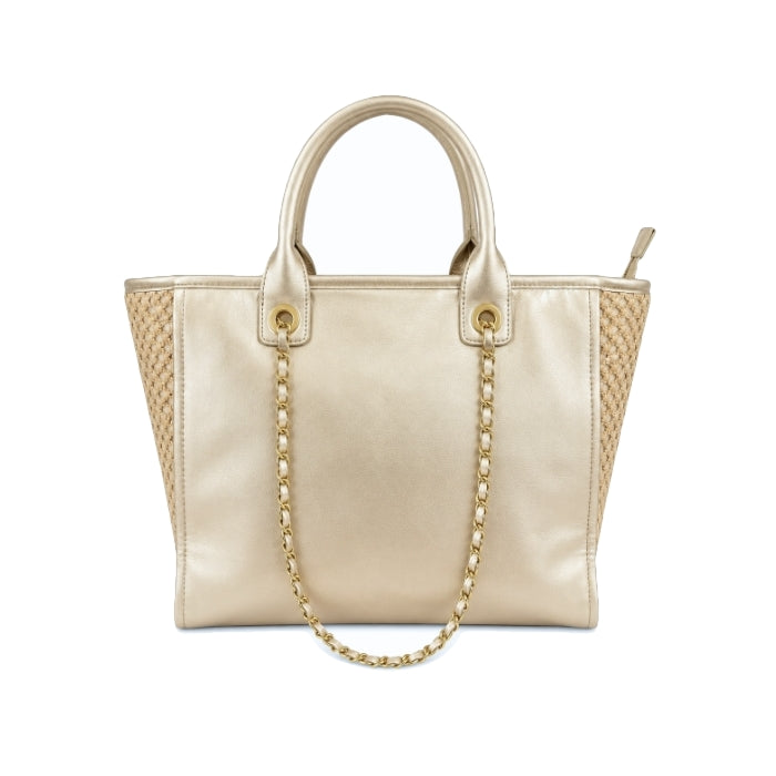 Enrico Coveri - Borsa A Mano Effetto Paglia Intrecciato con Catena Oro | Shopper Elegante