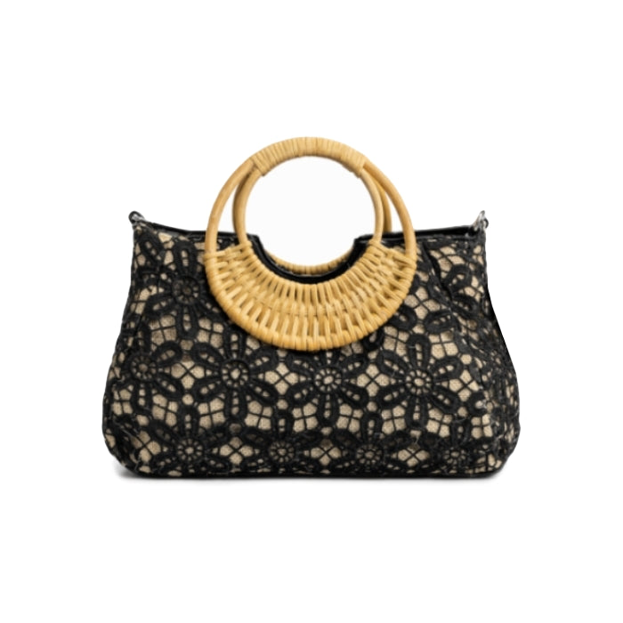 Just Glamour - Borsa A Mano - Macramè Nero e Manici di Bamboo | Borsa Estiva Elegante - Boho Chic