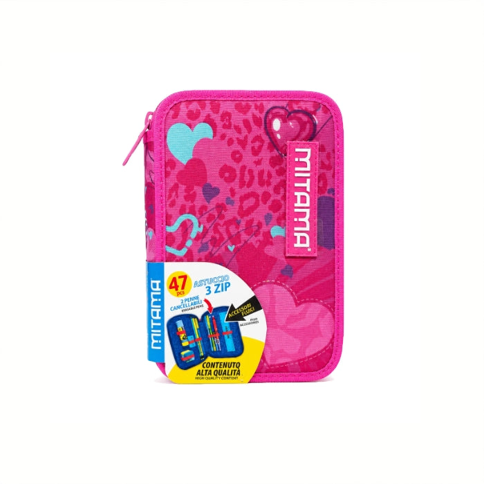 Mitama - Astuccio 3 Zip - Portacolori Completo | Rosa con Cuori per Bambine e Ragazze