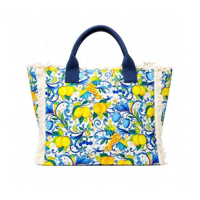 Mona - Borsa A Spalla Mare Donna - Maiolica Siciliana con Limoni e Frange | Shopper Estiva in Tessuto