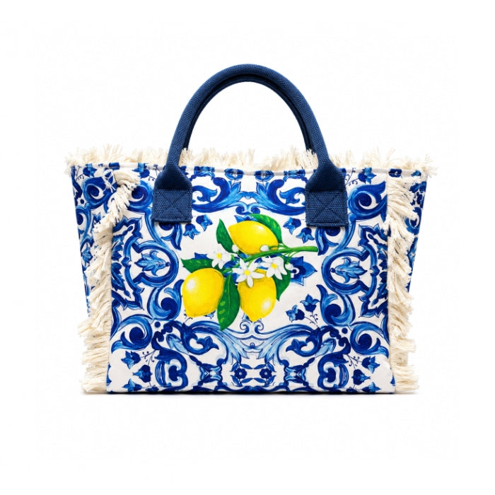 Mona - Borsa Mare Donna - Limoni e Maioliche Blu Mediterranee con Frange