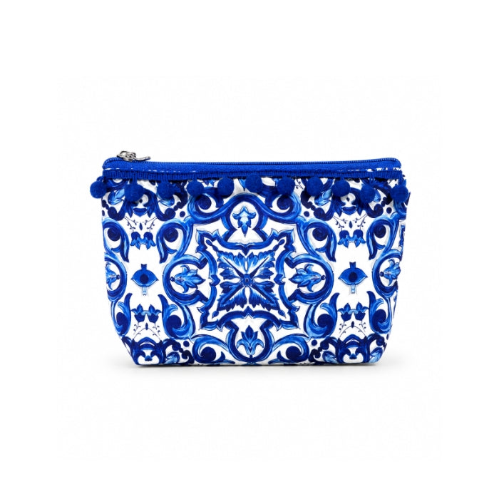 Mona - Pochette - Beauty Case Maioliche Blu Mediterranee con Pompon