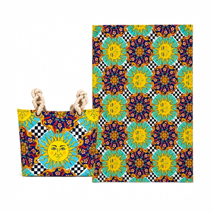 Pantahis - Set Mare - Sicilia Sole e Maiolica - Borsa A Spalla Mare Coordinata con Telo Mare Grande | Stile Mediterraneo