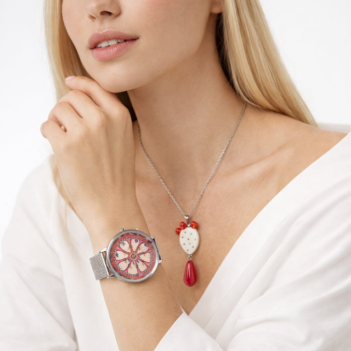 VJM - Bijoux & Watches - Bundle Regalo - Orologio da Polso con Quadrante Ruota di Carretto Siculo + Collana Fico d’India | Gioielli Stile Siciliano in Acciaio